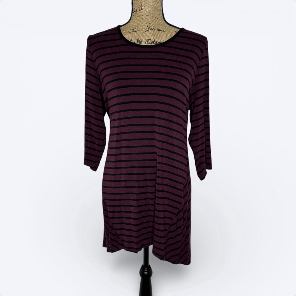Soma Tunic Top Womens M Burgundy Black Stripe Split Back Asymmetrical Lounge